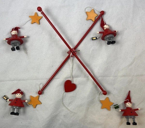 Houten Mobiel Kerstmis Vintage Kabouter Rood Goud Ster, Coolsingel 104, 3011 AG Rotterdam, Netherlands, Verzenden, Zo goed als nieuw
