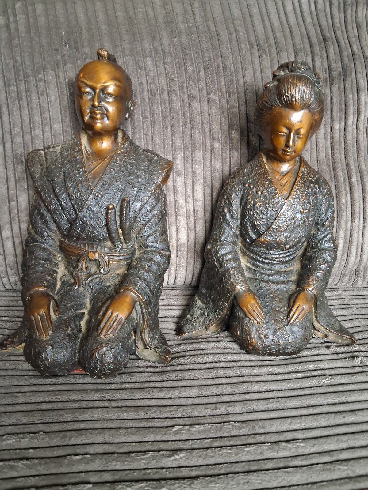 Antieke Japanse Bronzen Beelden - Samurai en Geisha, Ophalen of Verzenden, 20 - 50 cm, Beeld, Bruin