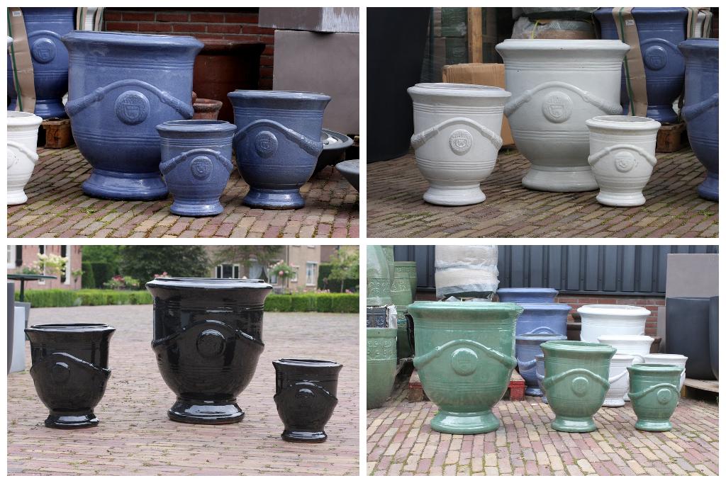 Bloempot Anduze geglazuurd aardewerk blauw wit zwart groen