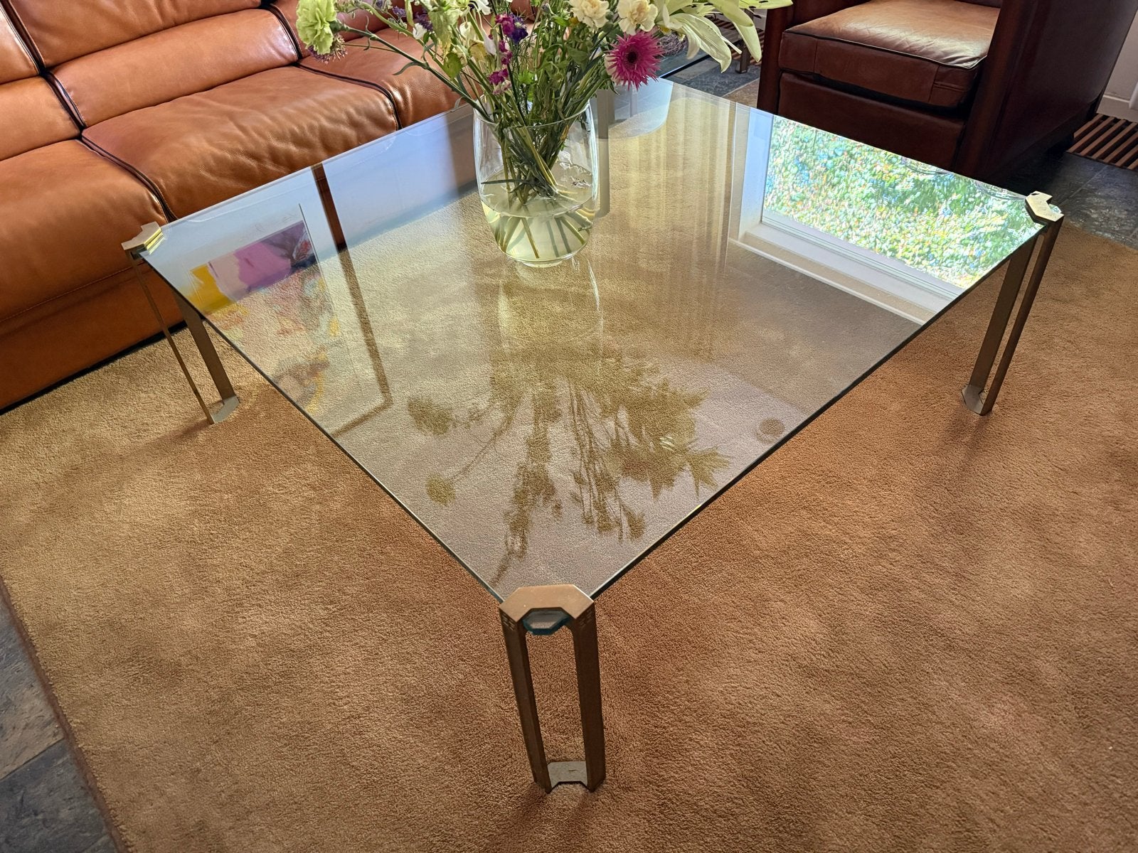 4 Glazen salontafel en bijzettafels Peter Ghyczy messing, Ophalen, Gebruikt, 50 tot 100 cm, 100 tot 150 cm