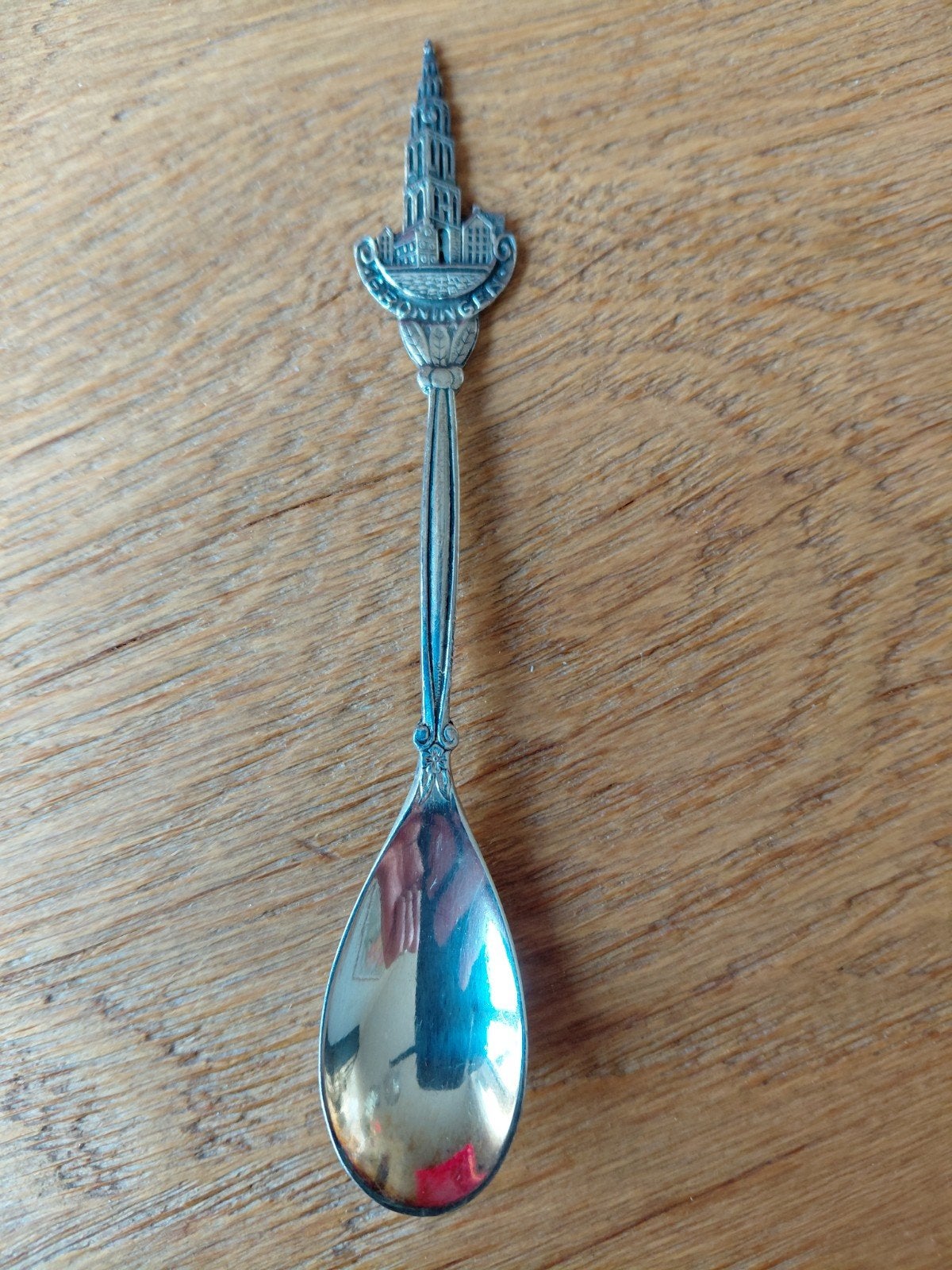 Vintage verzilverde theelepel met Martinitoren Groningen, Ophalen