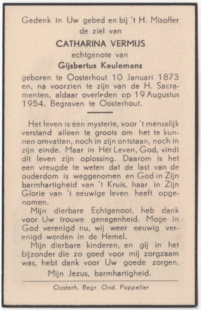 Catharina Vermijs 1873 Oosterhout + 1954 Oosterhout, 81 jaar, Verzamelen, Bidprentjes en Rouwkaarten, Ophalen of Verzenden