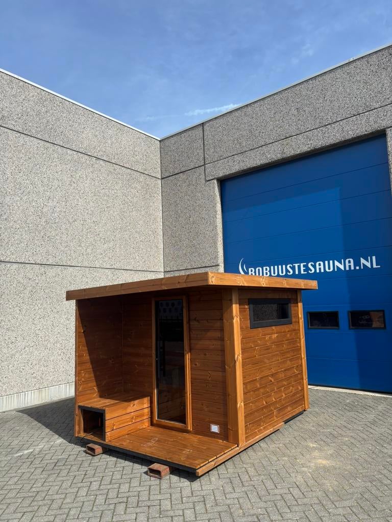 Luxe thermowood buitensauna met luifel. Sauna tuinsauna, Sport en Fitness, Sauna, Ophalen of Verzenden, Zo goed als nieuw, Complete sauna