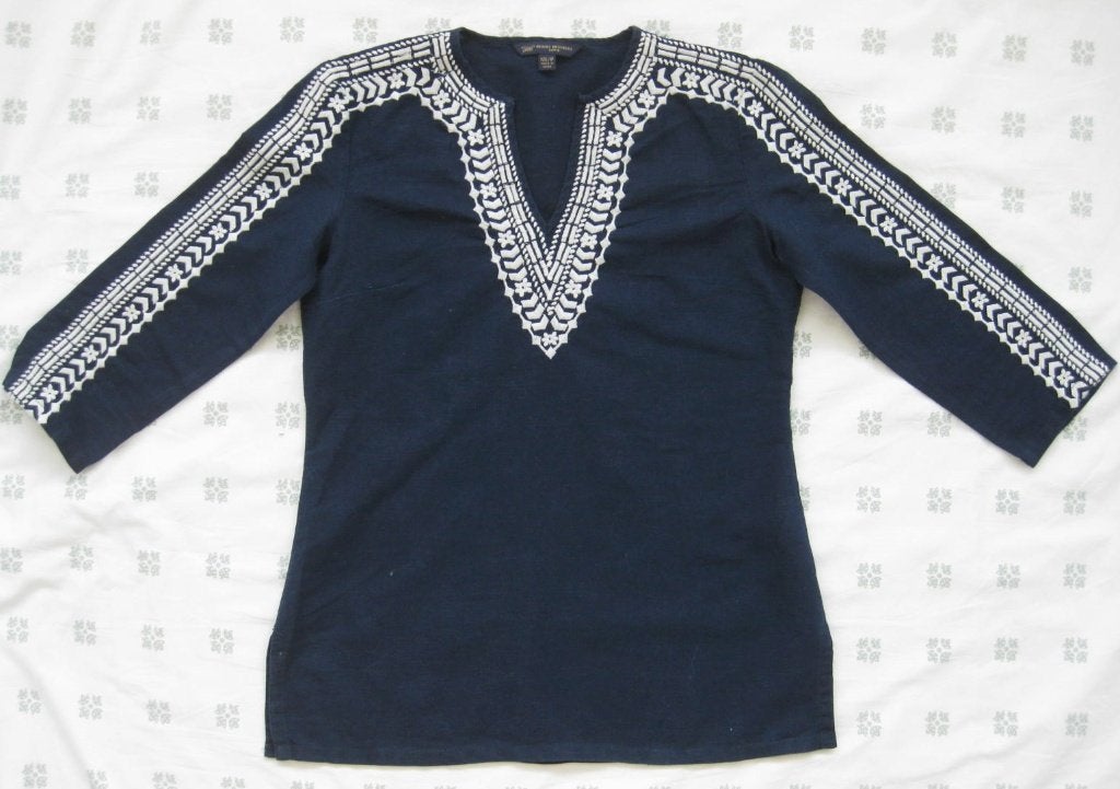 Brooks Brothers donkerblauwe blouse wit borduursel linnen XS, Blauw, Ophalen of Verzenden, Zo goed als nieuw, Brooks brothers