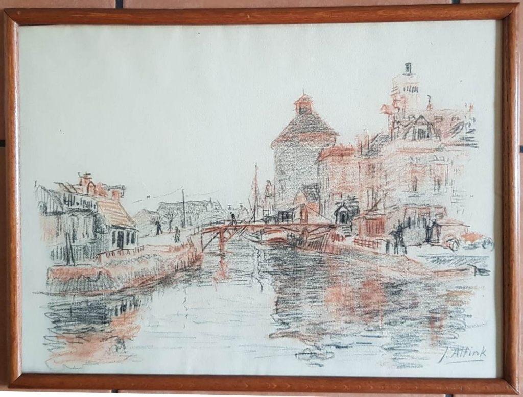 +Jan Altink(1885)Tekening"Gezicht Groning Winschoterdiep"Ges, Ophalen of Verzenden