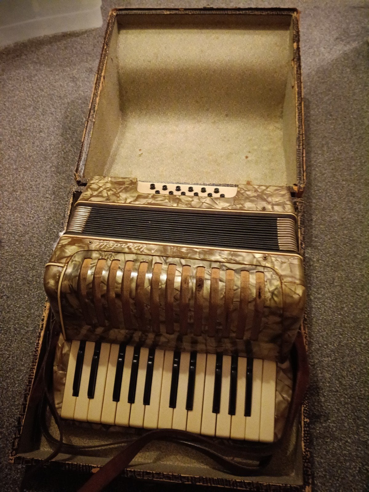 Vintage Scandalli Accordeon met koffer en riemen, Ophalen, Gebruikt, Overige formaten, Scandalli