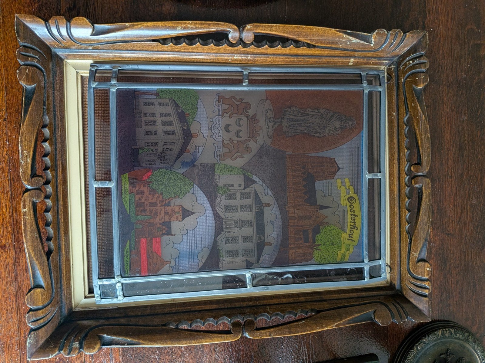 vintage of antiek glas-in-lood paneel dat is ingelijst, Antiek en Kunst, Ophalen