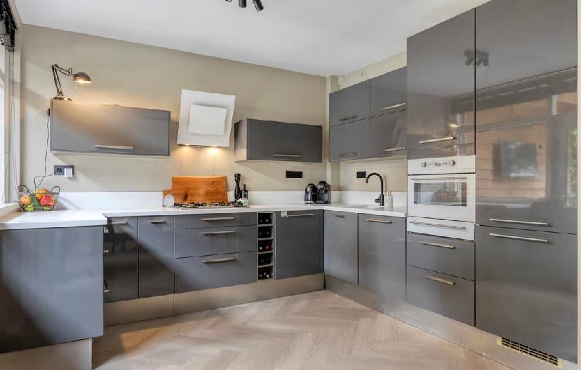 Keuken hoogglans antracietgrijs, Ophalen, Gebruikt, U-keuken, Graniet of Steen