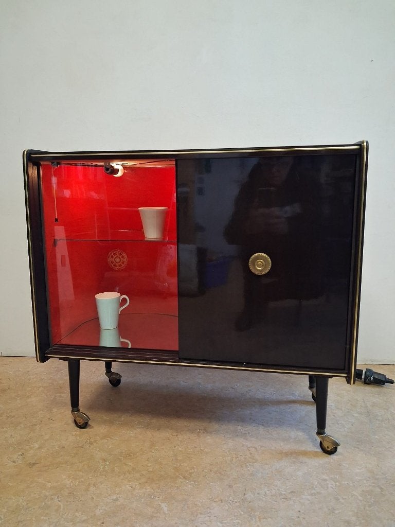 Vintage Franse drank/vitrinekast, jaren 50/60, Huis en Inrichting, Kasten | Vitrinekasten, Ophalen, Gebruikt, Met deur(en), Glas
