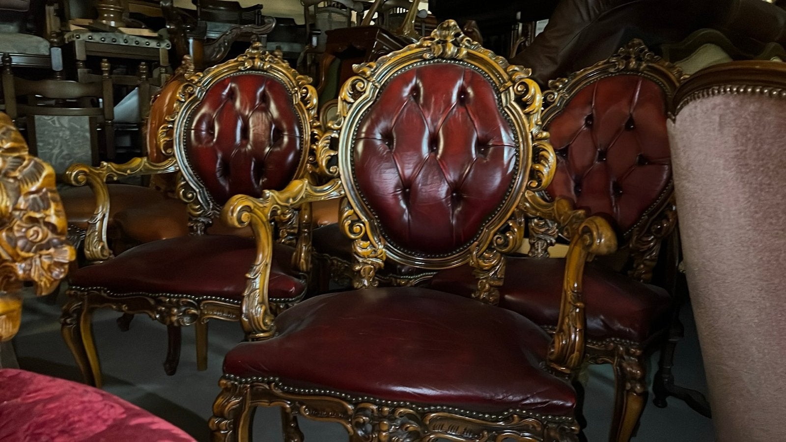 4 Italiaanse barok eetkamerstoelen leder chesterfield, Ophalen of Verzenden