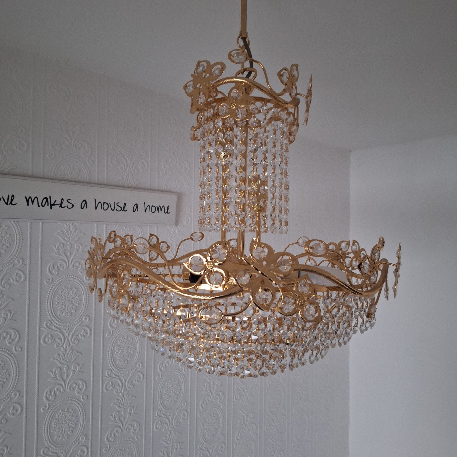 Luxe Swarovski Kroonluchter - Goudkleurig met Kristallen, Ophalen, E14 (klein), Zo goed als nieuw, Glas