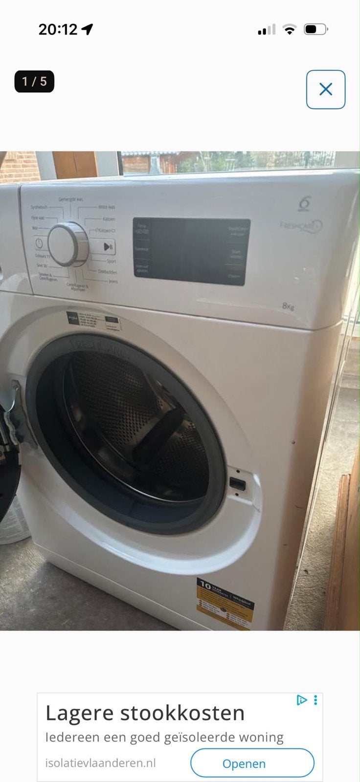 Whirlpool Wasmachine 8kg FreshCare+, Ophalen, 1200 tot 1600 toeren, 8 tot 10 kg, Zo goed als nieuw