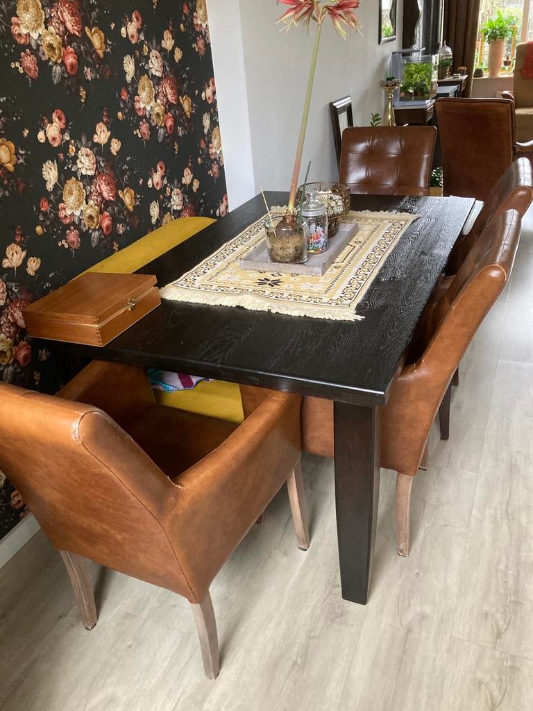 Eiken eettafel +4 Leren stoelen, Ophalen, 200 cm of meer, 50 tot 100 cm, Zo goed als nieuw