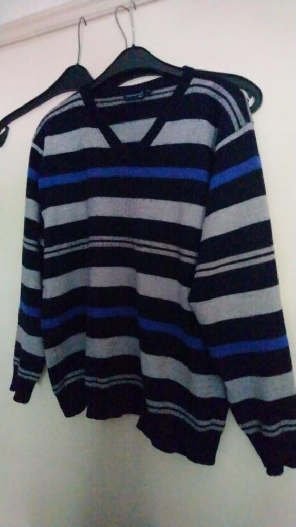 Mooie LANA WOOL 50% wol trui v-hals zwart grijs men XL, Verzenden, Zo goed als nieuw, Maat 56/58 (XL), Zwart