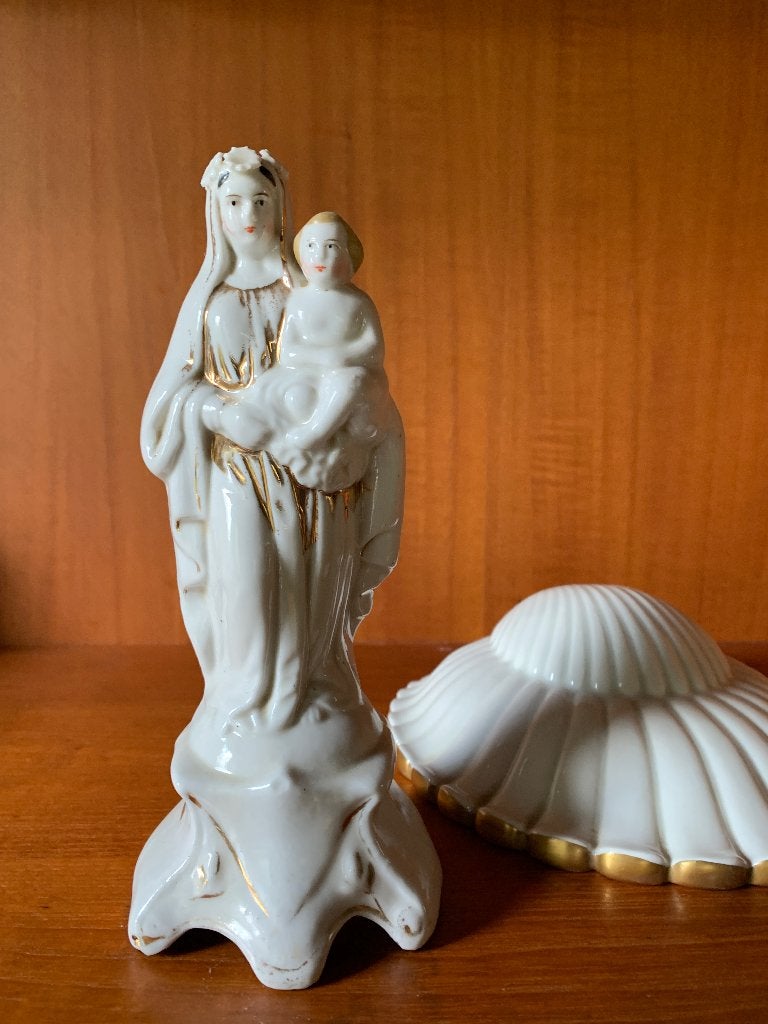 Antiek porseleinen Maria beeld met console, Antiek en Kunst, Ophalen of Verzenden