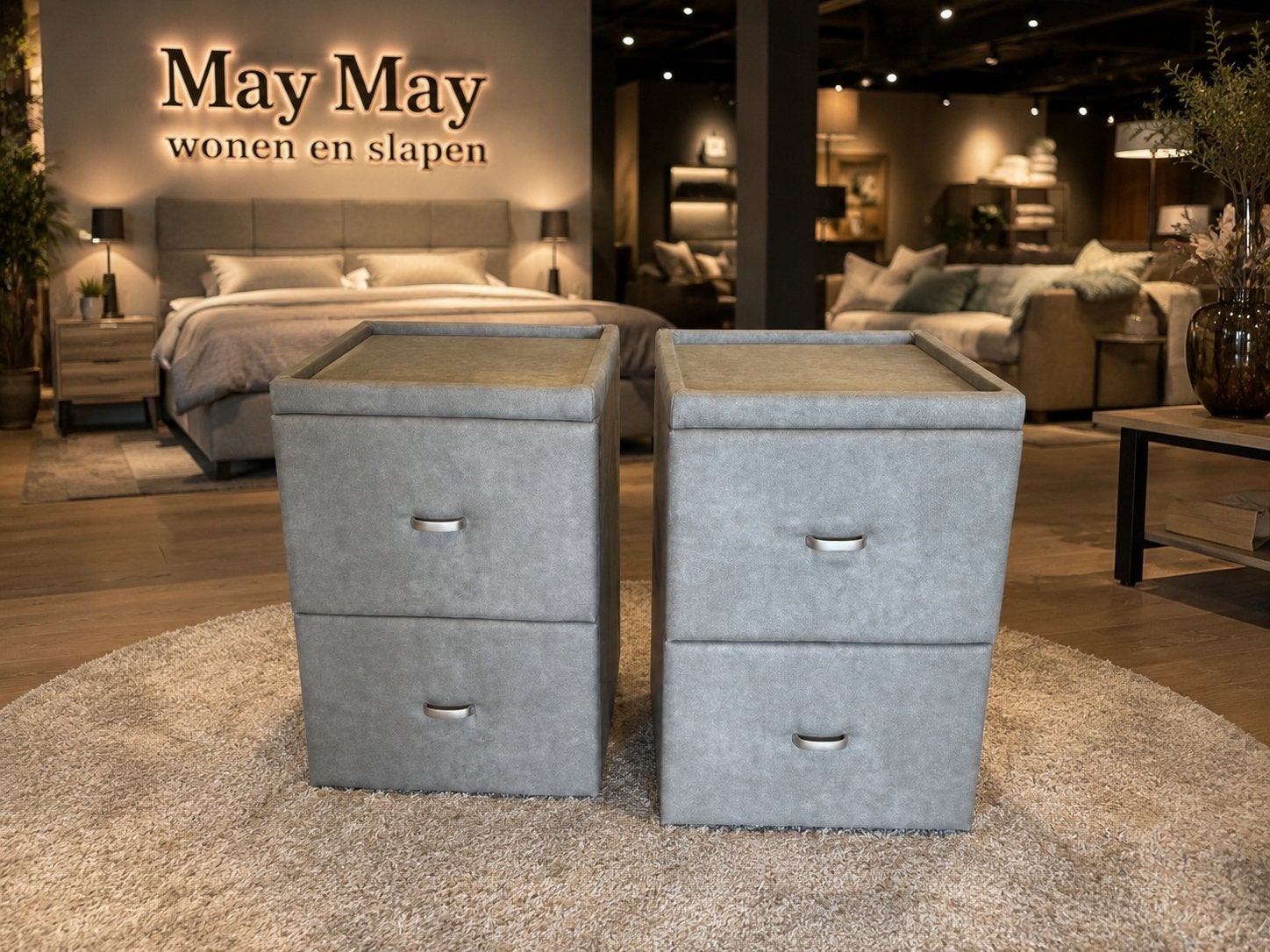 Nachtkastje Grijs 2 stuks  2 laden Direct/Leverbaar E-7407, Ophalen, Minder dan 45 cm, Nieuw, 55 tot 70 cm