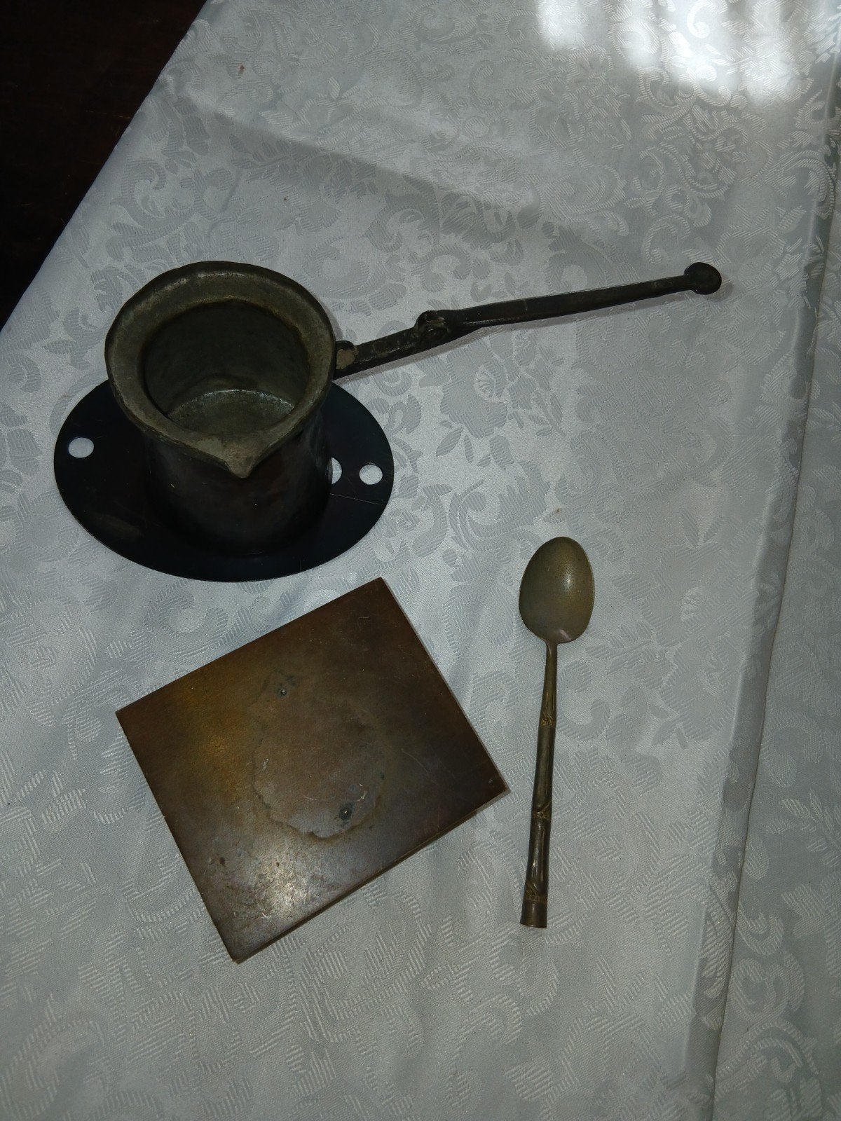 Antieke koperen koffeset koffiepot, lepel en doosje, Ophalen of Verzenden