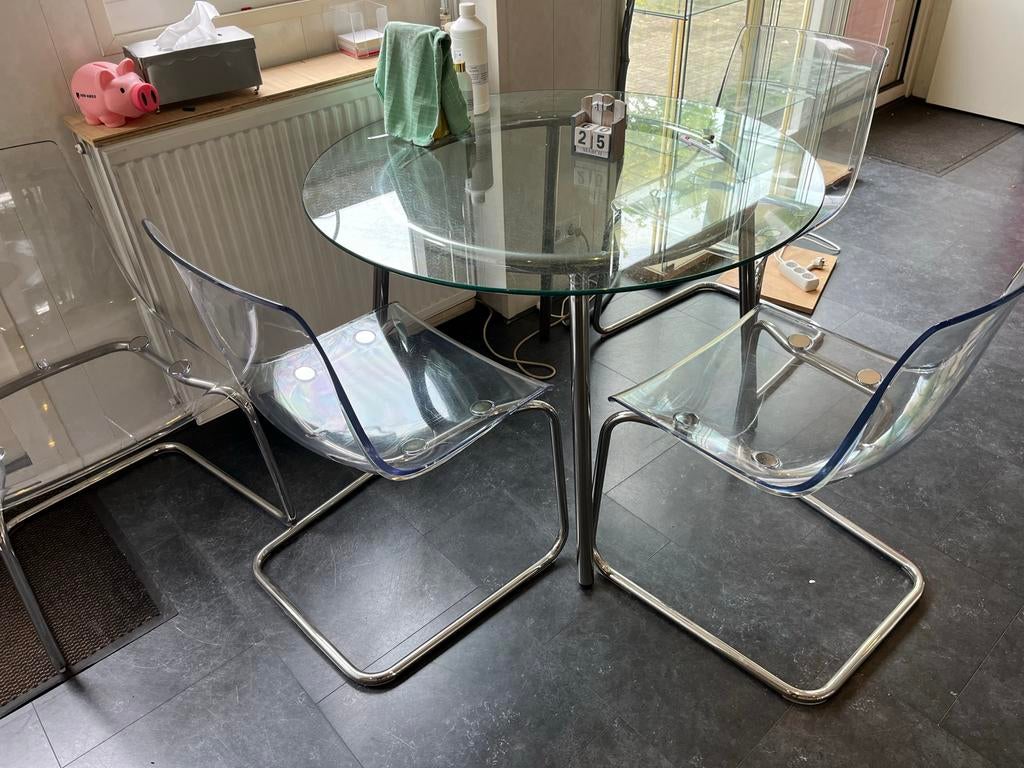 Glazen eettafel met 4 stoelen - Ø 105 cm, Ophalen, Gebruikt, 100 tot 150 cm, Rond