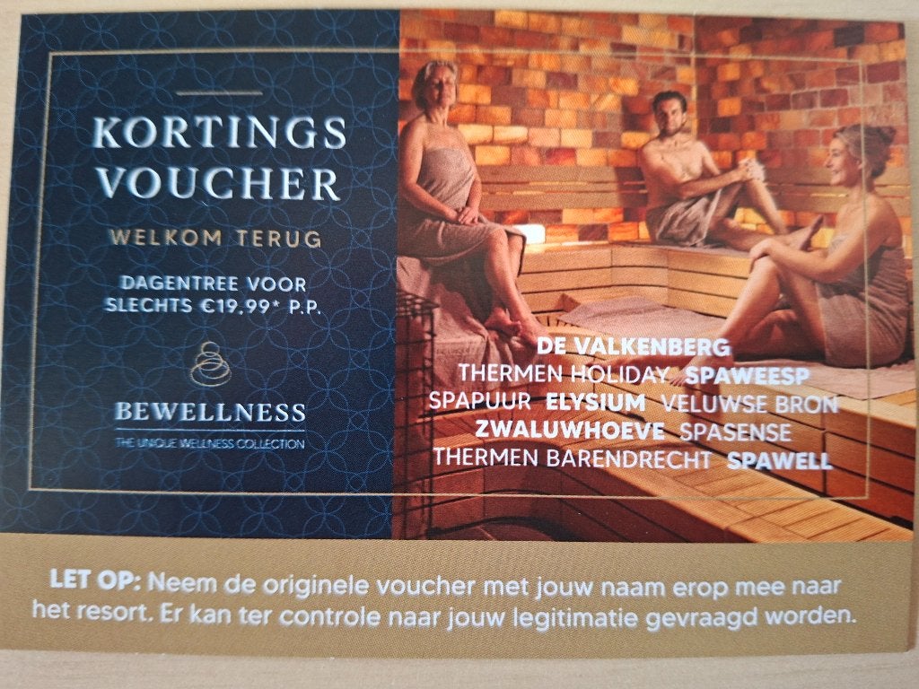 BeWellness kortingsvoucher voor 2 personen mini 50% korting, Twee personen, Kortingsbon, Spa of Sauna