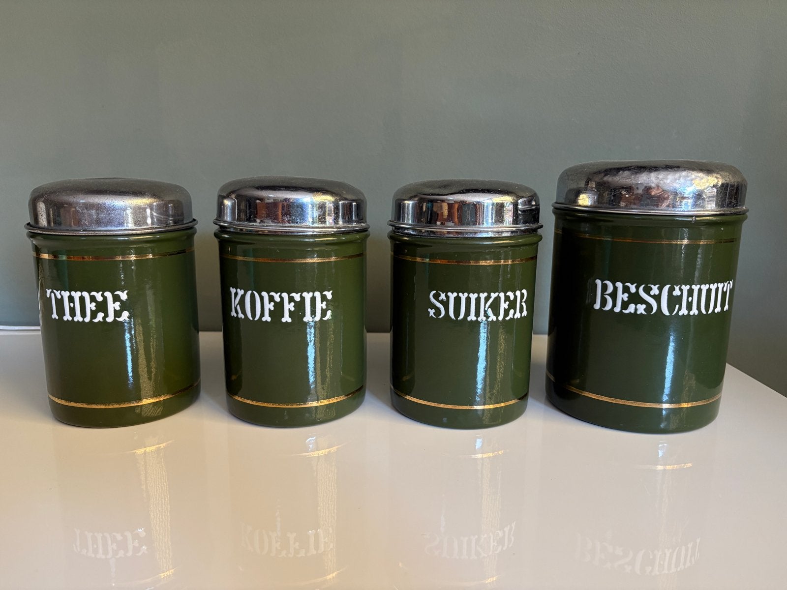 Vintage voorraadblikken set (4 stuks) - Thee, Koffie, Suiker, Ophalen of Verzenden