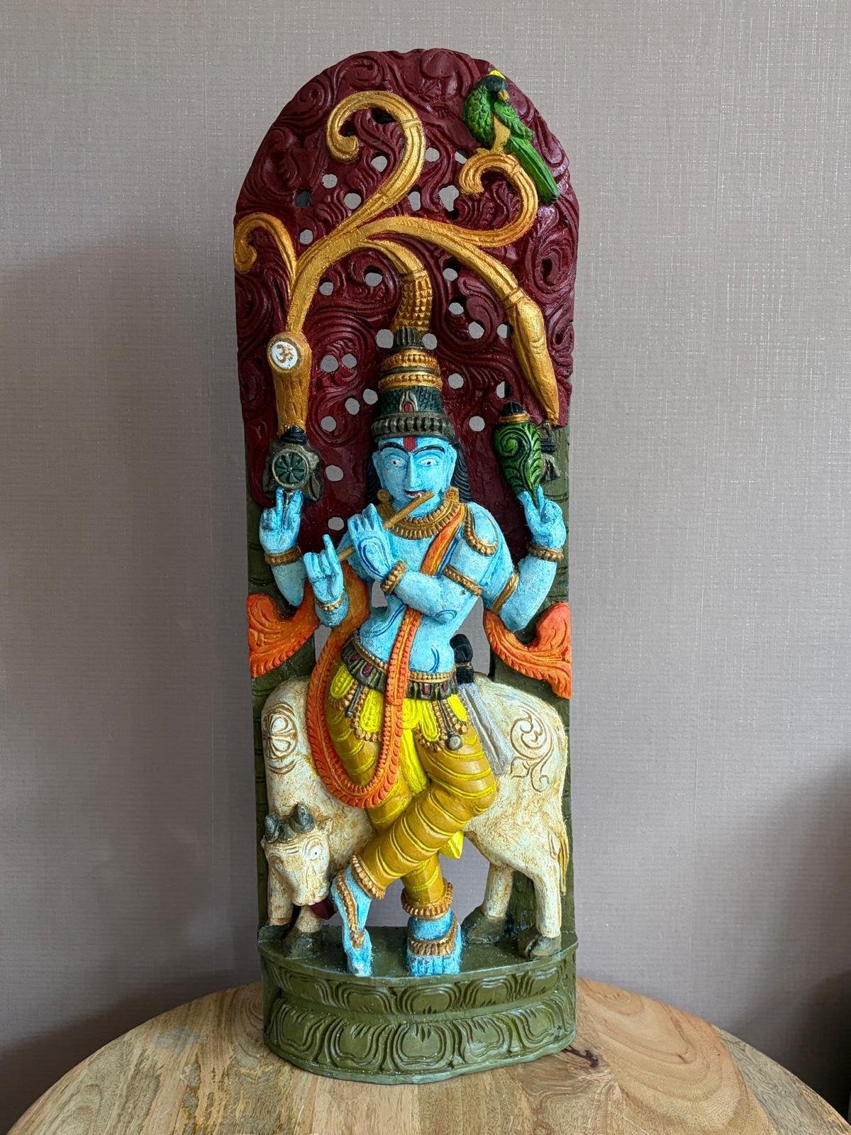Houten beeld van Krishna met koe, 87cm hoog, Antiek en Kunst, Ophalen, 50 - 100 cm, Beeld, Hout