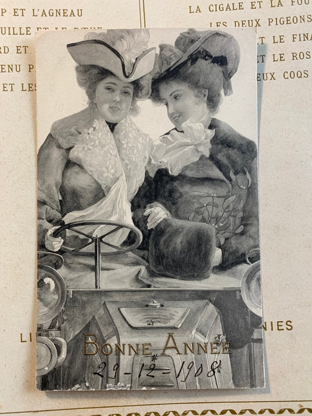 29-12-1908 Bonne Année - twee dames in een automobiel (LE), Ophalen of Verzenden, Voor 1920, Gelopen, Feest(dag)