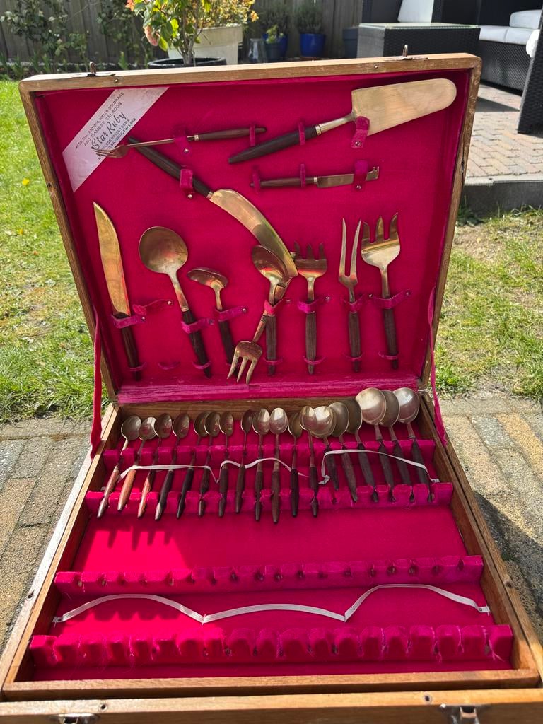Antiek Thais bestekset van Star Ruby in houten koffer, Ophalen of Verzenden