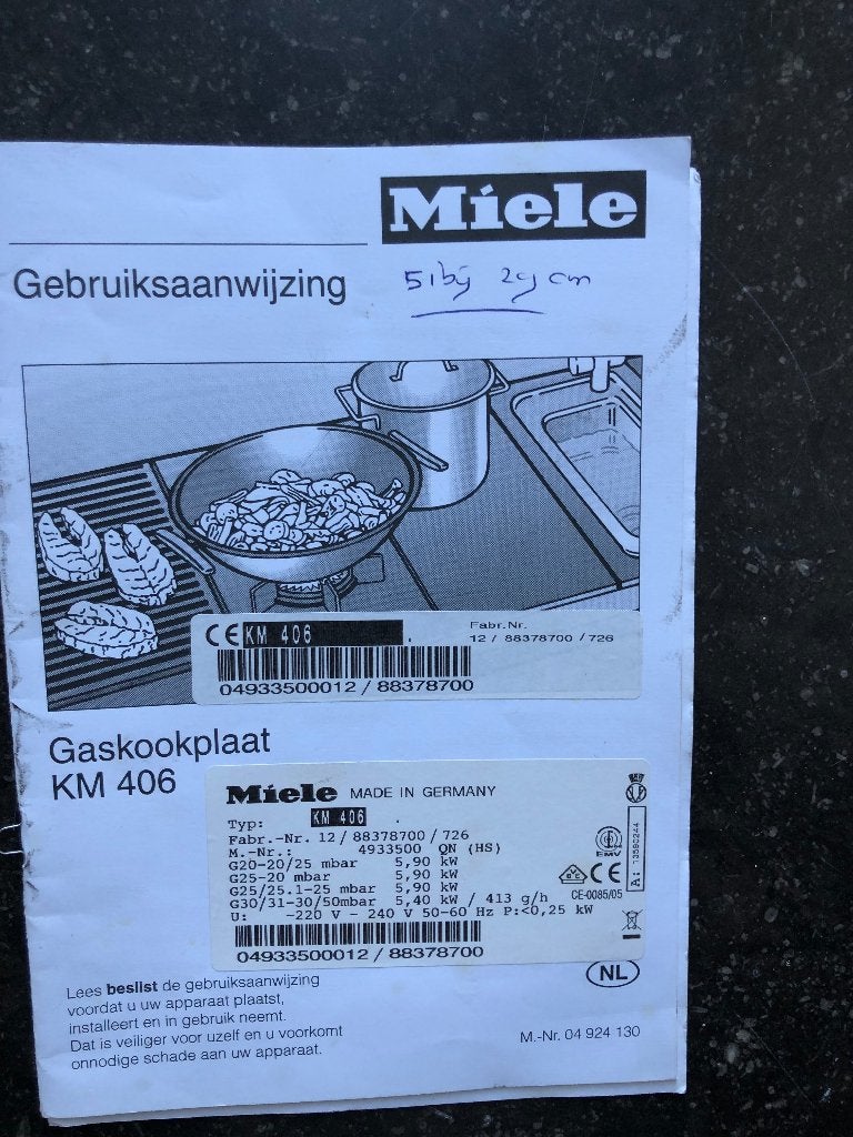 Miele gaskookplaat 1-pits, Witgoed en Apparatuur, Kookplaten, Ophalen, Gebruikt, 3 kookzones of minder, Inbouw