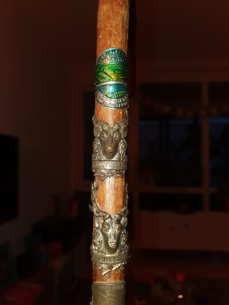 Vintage wandelstok met 11 schildjes, Ophalen