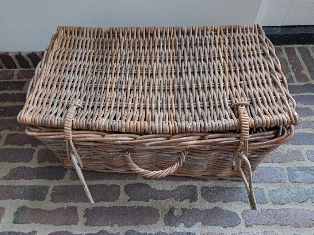 handige rieten opbergmand met deksel, Huis en Inrichting, Woonaccessoires | Schalen en Manden, Ophalen, Gebruikt, Rechthoekig