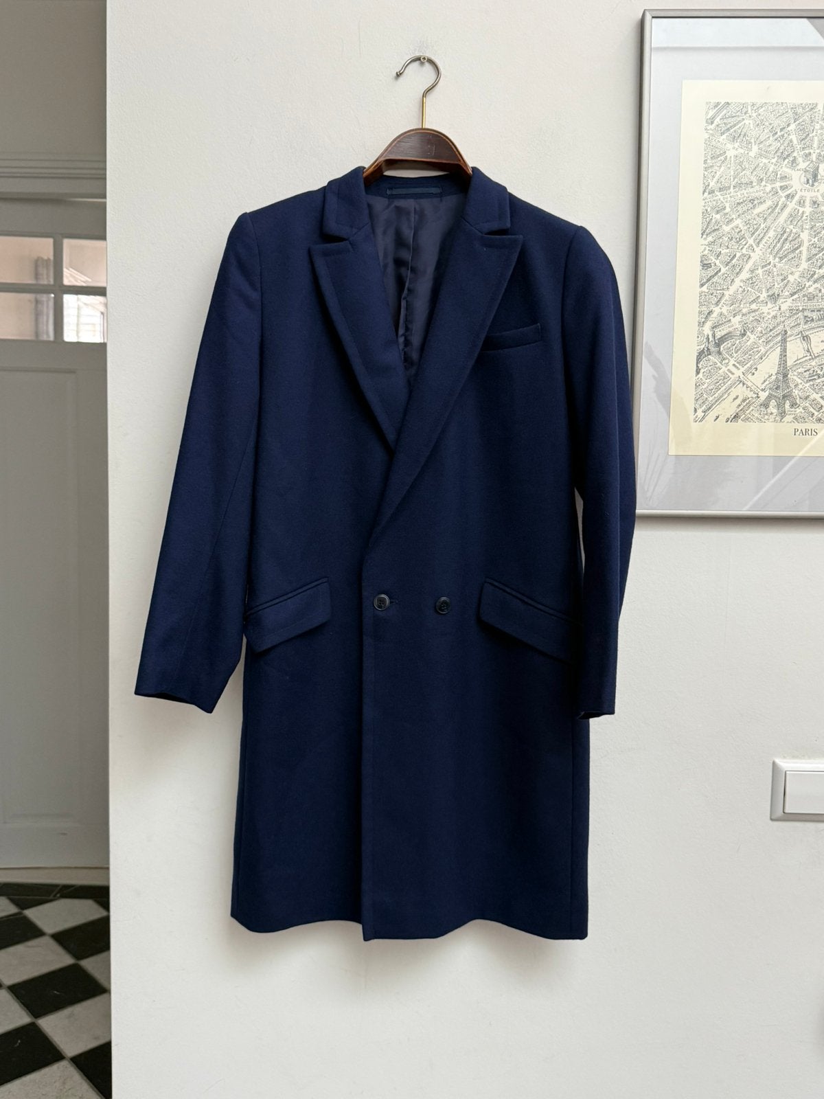 Puur Wollen Overjas Navy Double Breasted, Kleding | Dames, Ophalen of Verzenden, Zo goed als nieuw, Maat 38/40 (M), Blauw