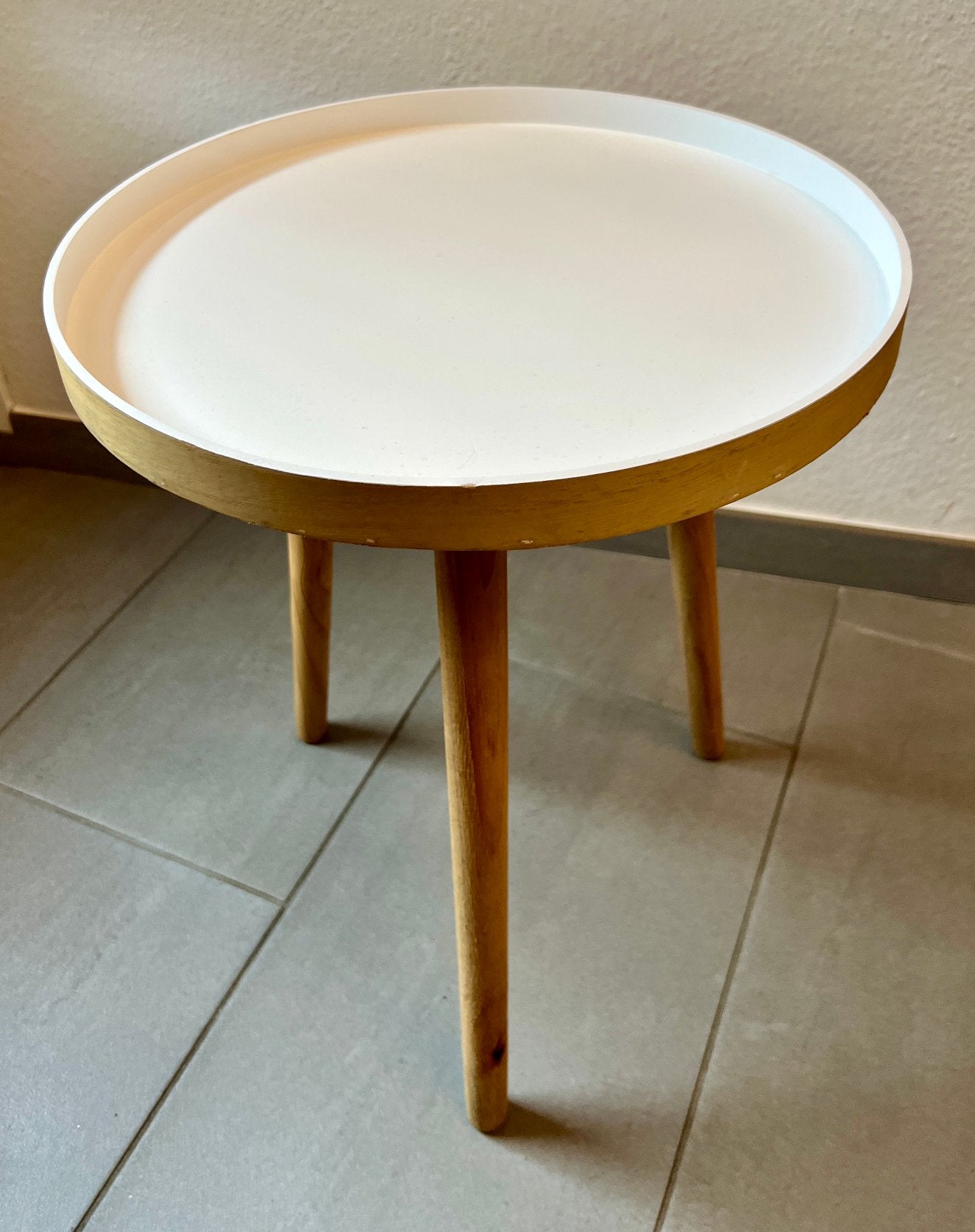 Rond bijzettafel - wit en hout, Minder dan 50 cm, Rond, Ophalen of Verzenden, Zo goed als nieuw