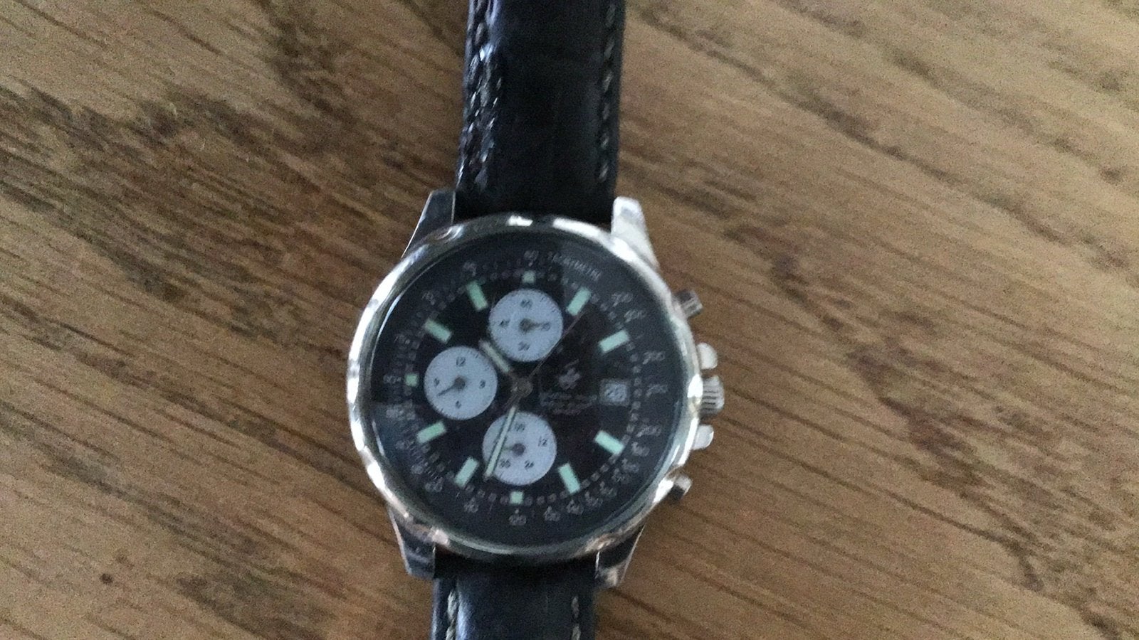 Polo Club Chronograaf Herenhorloge - Zwart Leer, Overige merken, Staal, Polshorloge, Ophalen of Verzenden