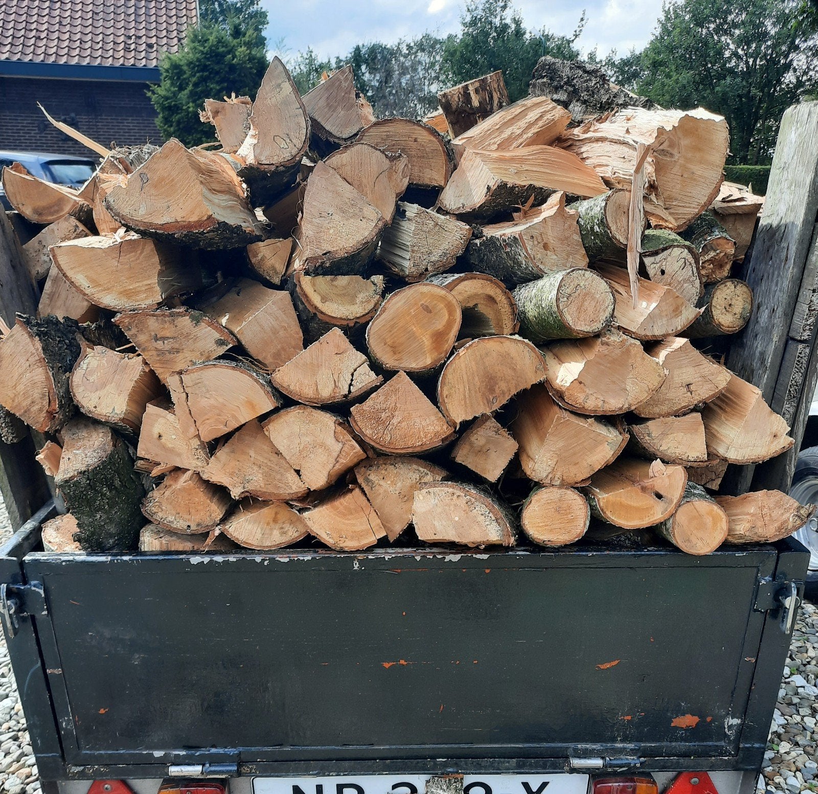 aanhanger met gekloofd berkenhout., Tuin en Terras, Haardhout, Minder dan 3 m³, Ophalen, Berkenhout, Blokken