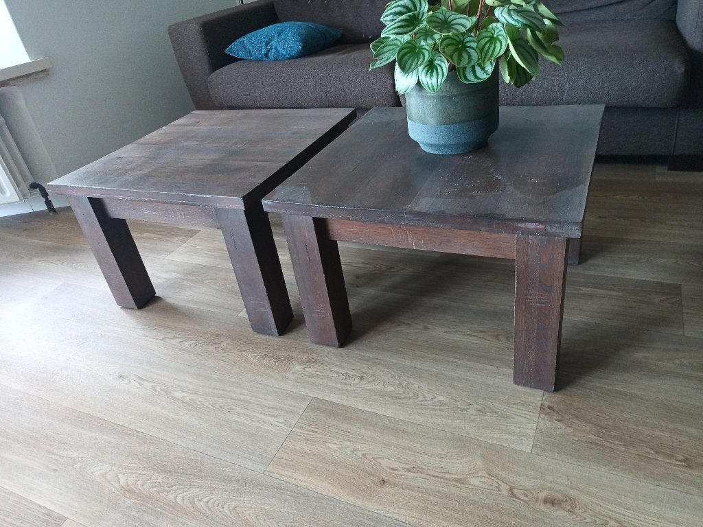 Twee massief houten salontafels, Ophalen, Gebruikt, 100 tot 150 cm, Scandinavisch
