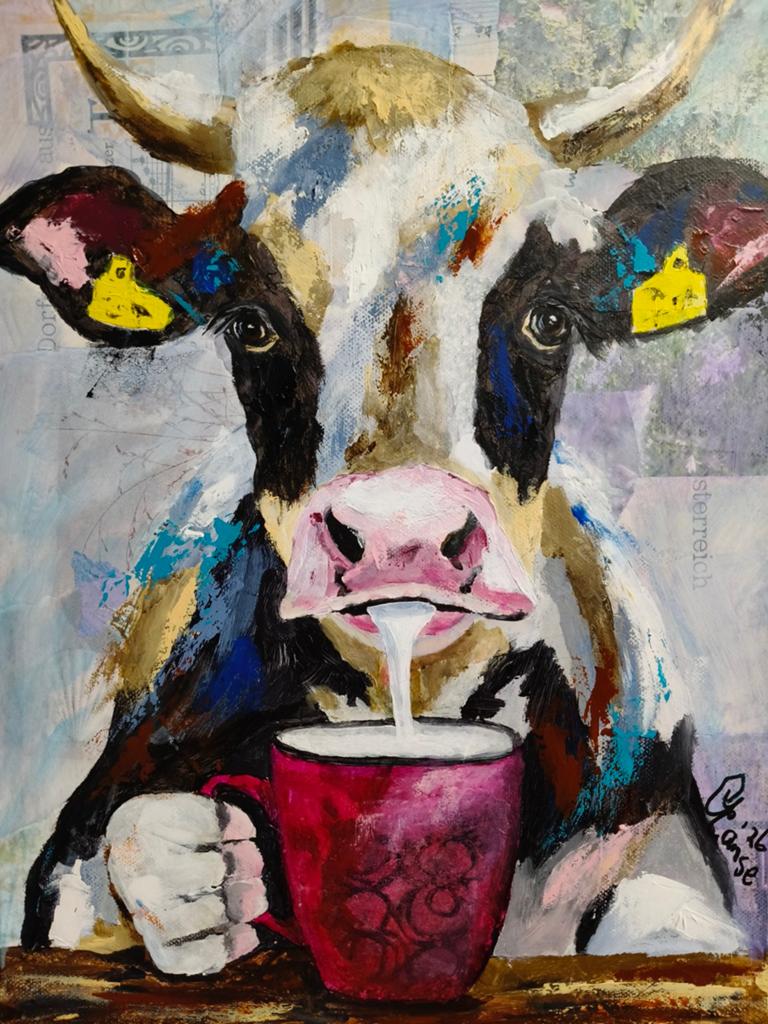 Schilderij koe met beker melk, Ophalen of Verzenden