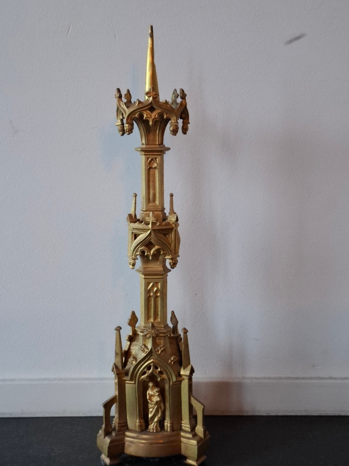Antieke Neogotische Koperen Toren met Maria en Kind, Antiek en Kunst, Ophalen of Verzenden