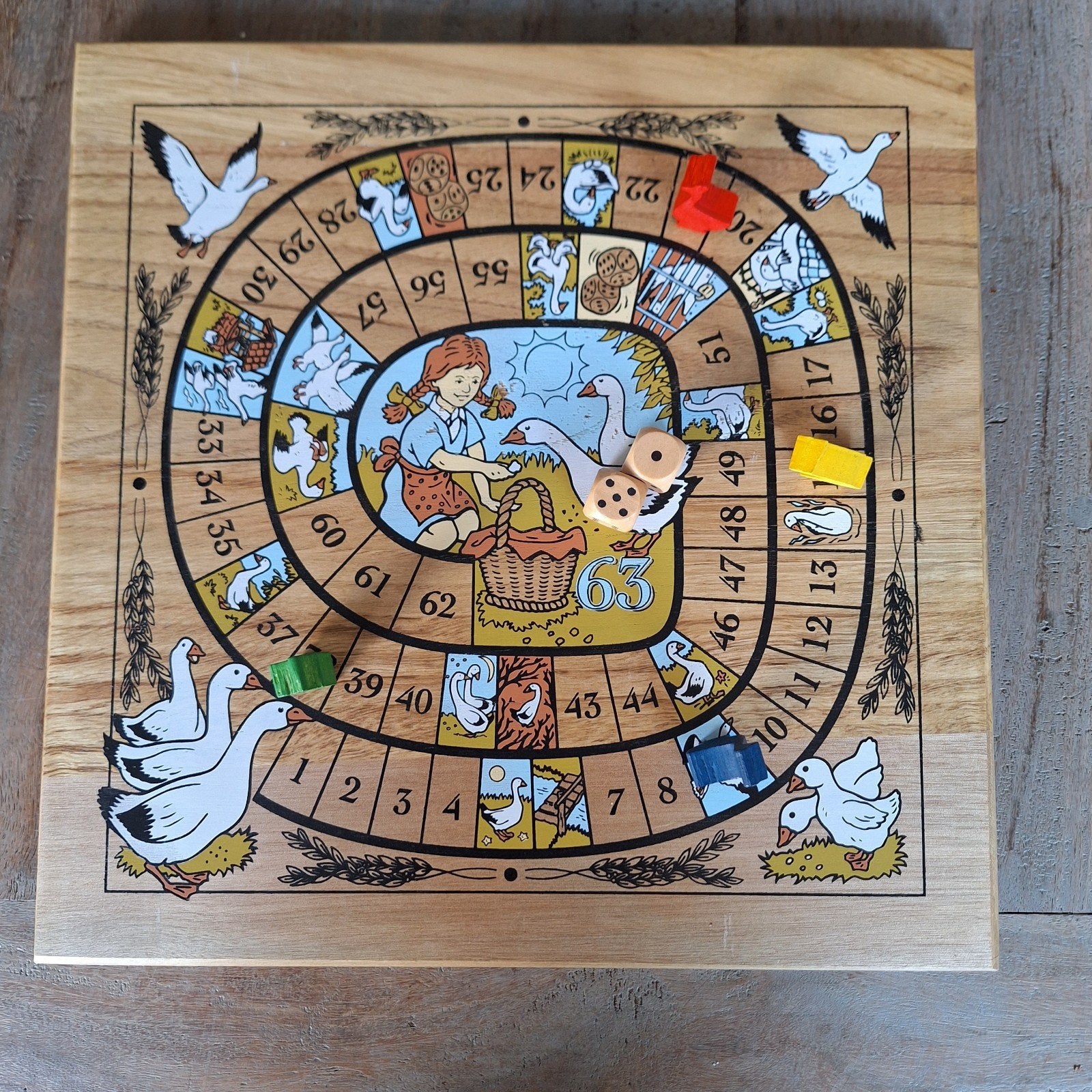 Vintage Ganzenbord Spel - Houten Bordspel, Drie of vier spelers, Ophalen of Verzenden, Gebruikt, Onbekend