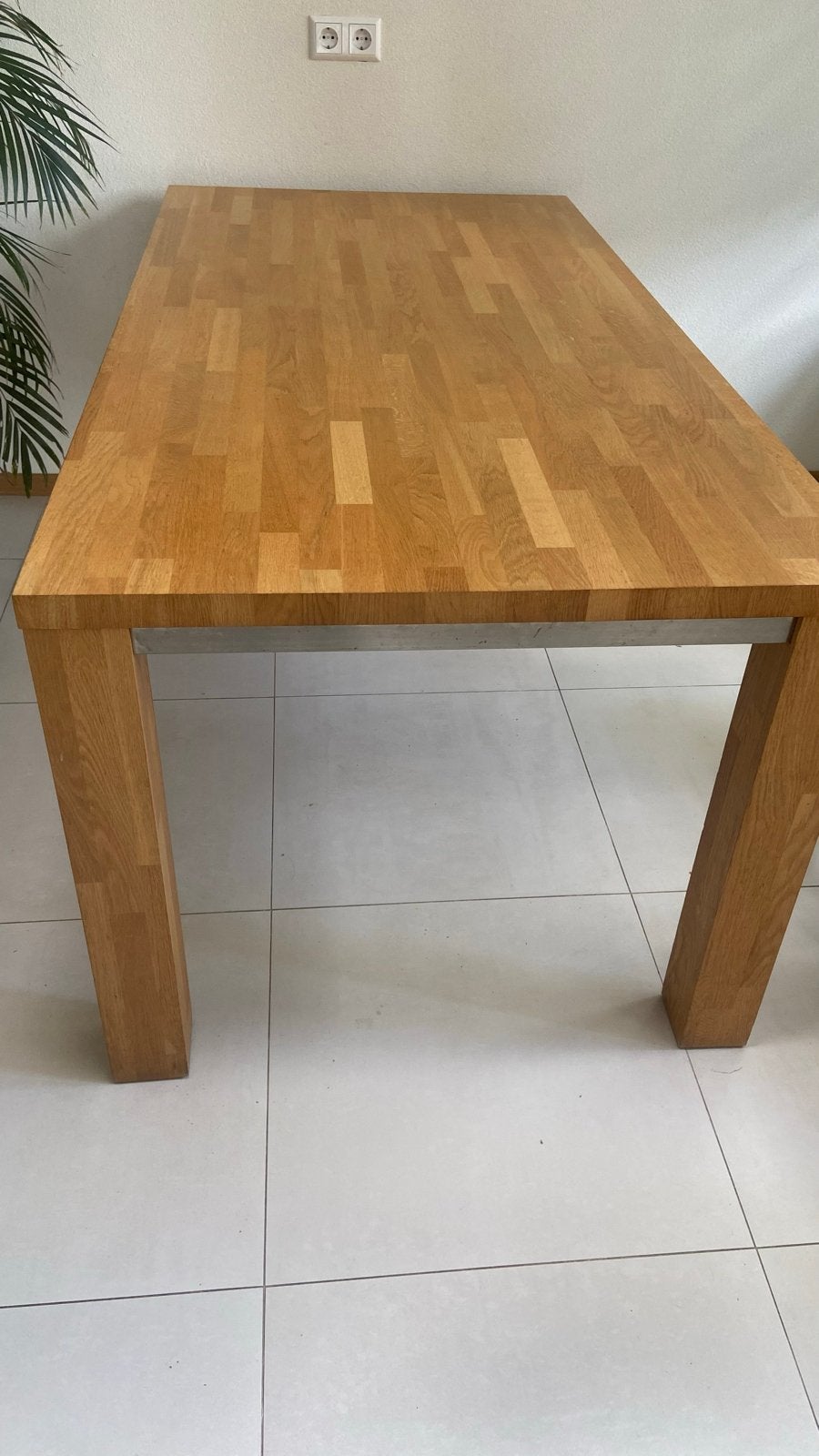 Robuuste eettafel van eikenhout/rvs, l/b/h = 180/90/76 cm, Huis en Inrichting, Tafels | Eettafels, Ophalen, Gebruikt, Eikenhout