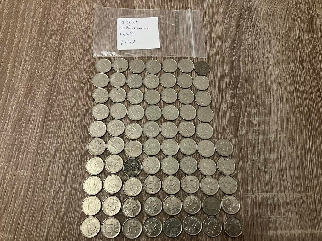10 cent gulden 1948 jaar 75 stuks., Ophalen of Verzenden, Koningin Wilhelmina, 10 cent, Setje