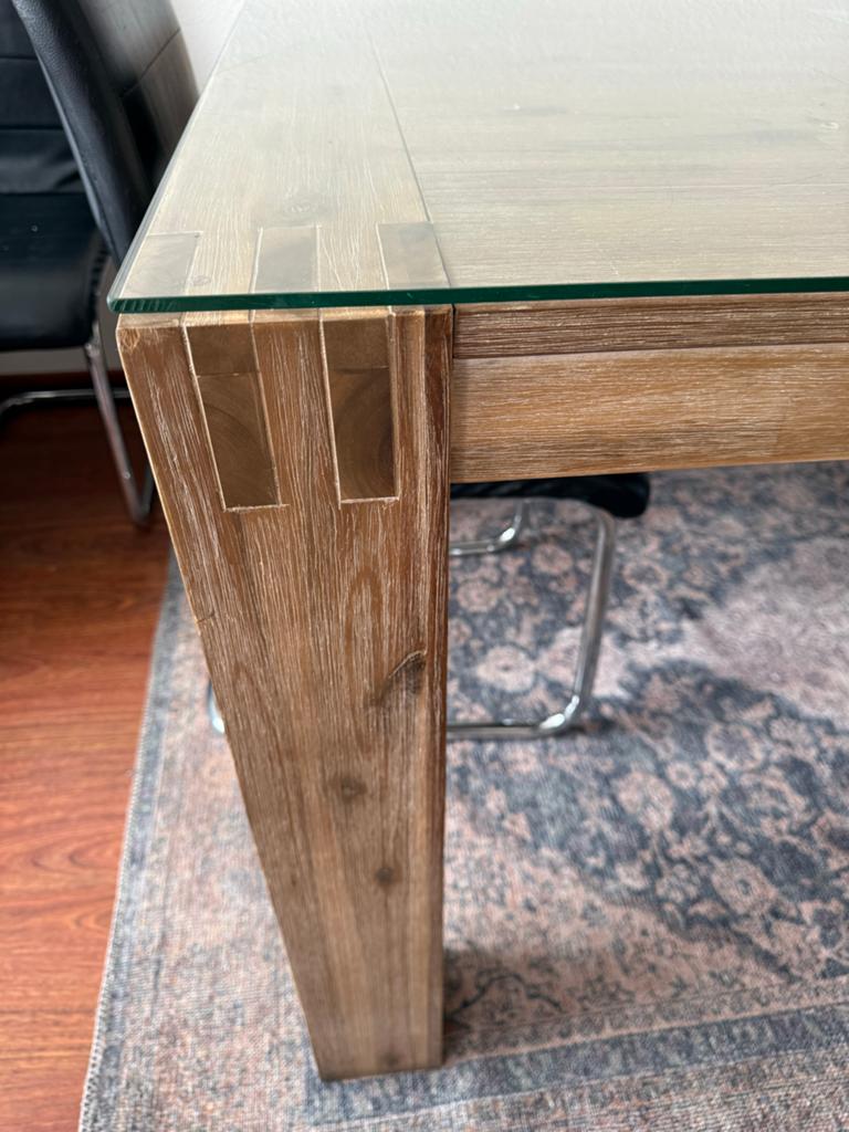 Houten eettafel met glazen blad, Ophalen, Gebruikt, 50 tot 100 cm, 150 tot 200 cm