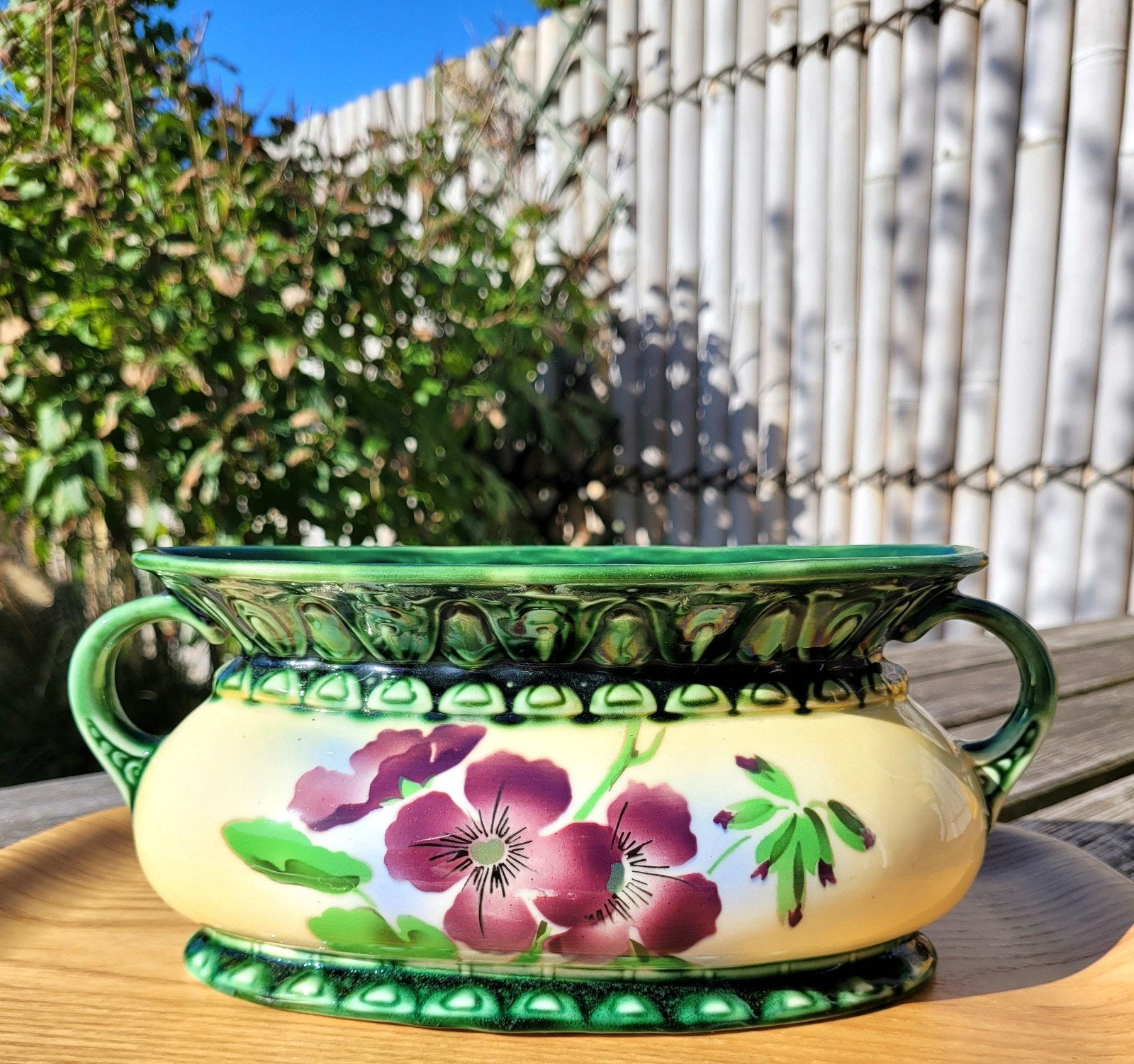 Prachtige antieke bloempot / jardinière in groen en paars –, Antiek en Kunst, Ophalen