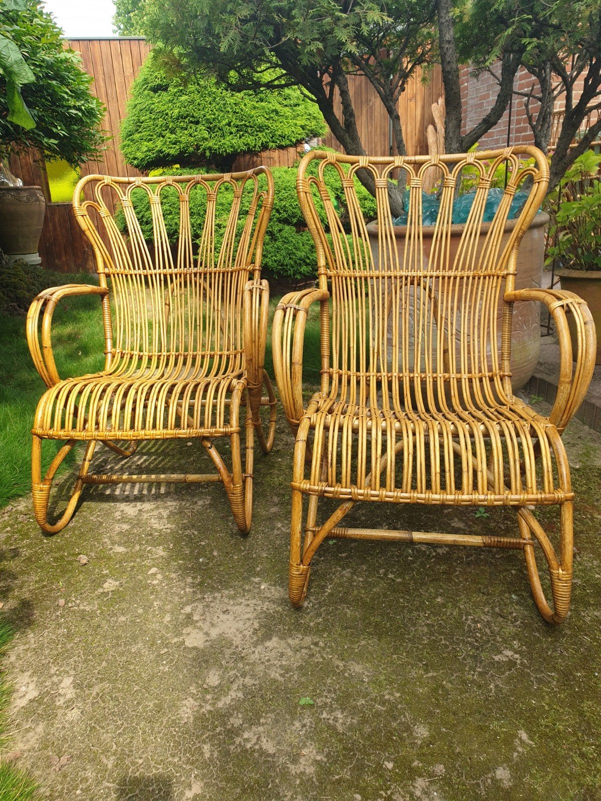 2 Mooie Halfhoge Vintage Rotan Rohé Fauteuils voor buiten, Huis en Inrichting, Ophalen, Gebruikt, Vintage Rotan, 50 tot 75 cm