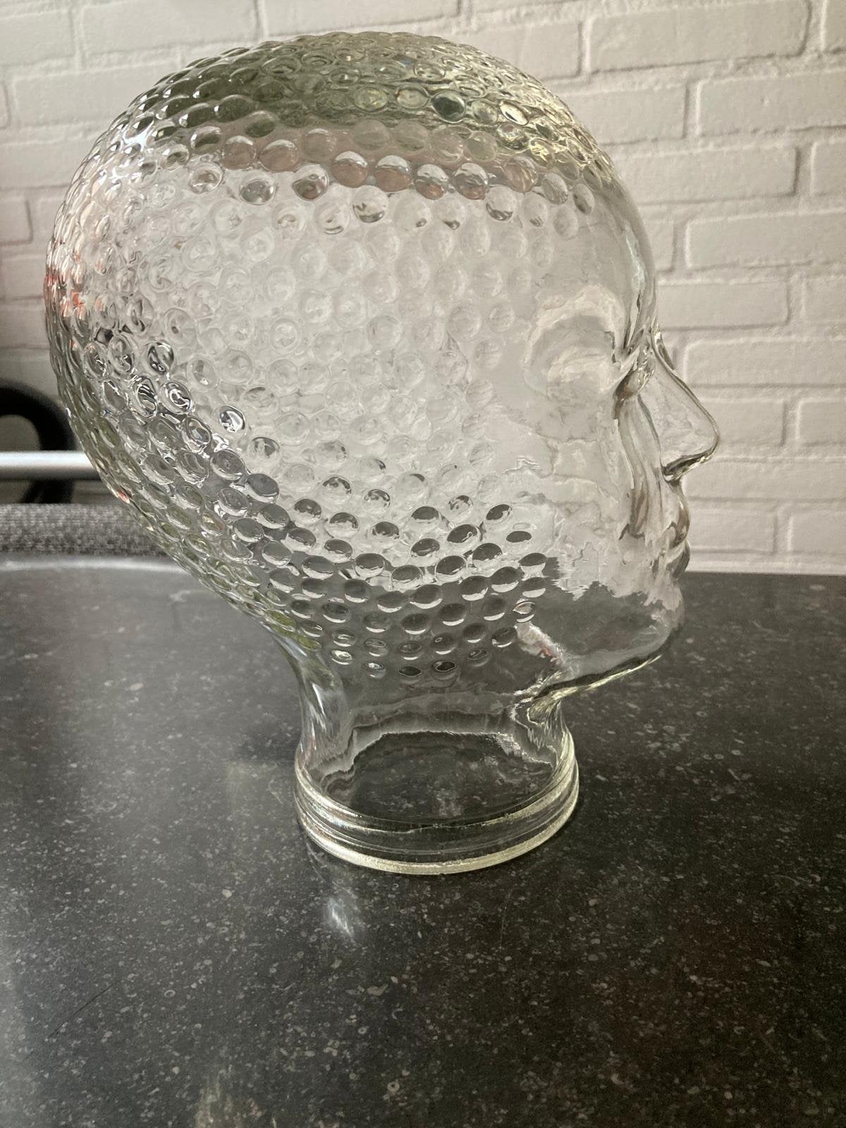 Glazen etalage hoofd voor koptelefoon of pruik, Antiek en Kunst, Kunst | Designobjecten, Ophalen of Verzenden, Wit