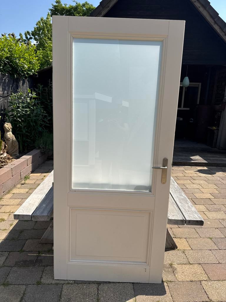 Binnendeur met melkglas - 93x211,5 cm, Gebruikt, Deurkozijn, 150 tot 225 cm, Inclusief glas