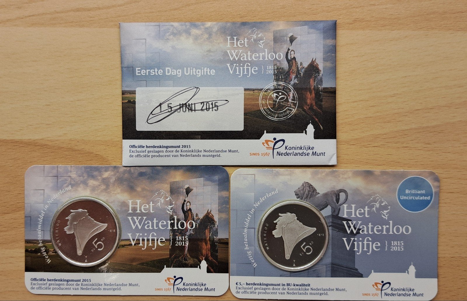 Het Waterloo vijfje unc/bu en eeeste dag, Ophalen of Verzenden, Overige landen, 2 euro