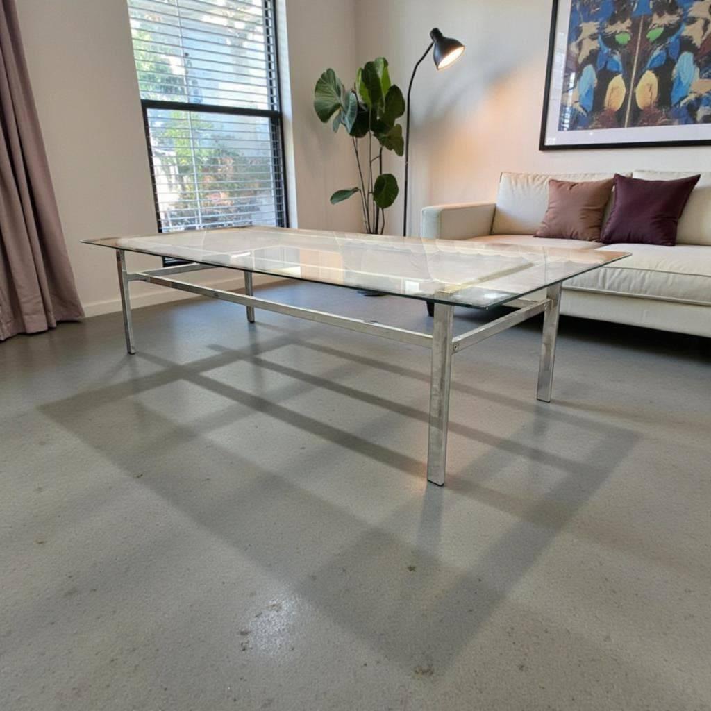 Vintage XL glazen salontafel / coffee table met chroom, Ophalen