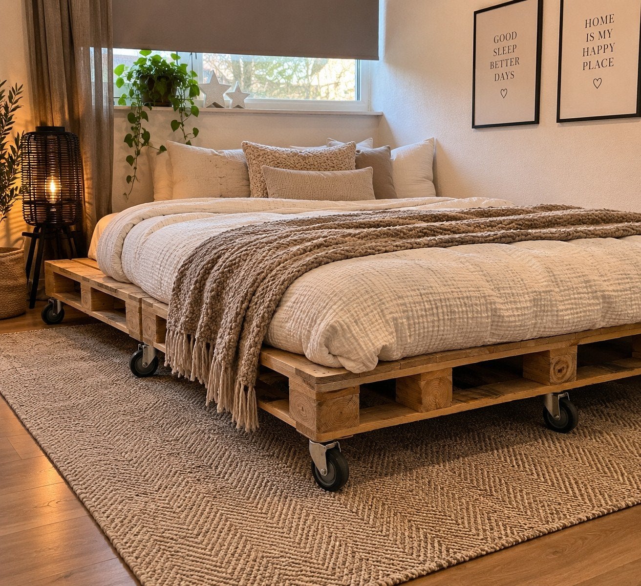 Stoer palletbed op wielen - 196x154 cm, Gebruikt, Bruin, Tweepersoons, Overige maten