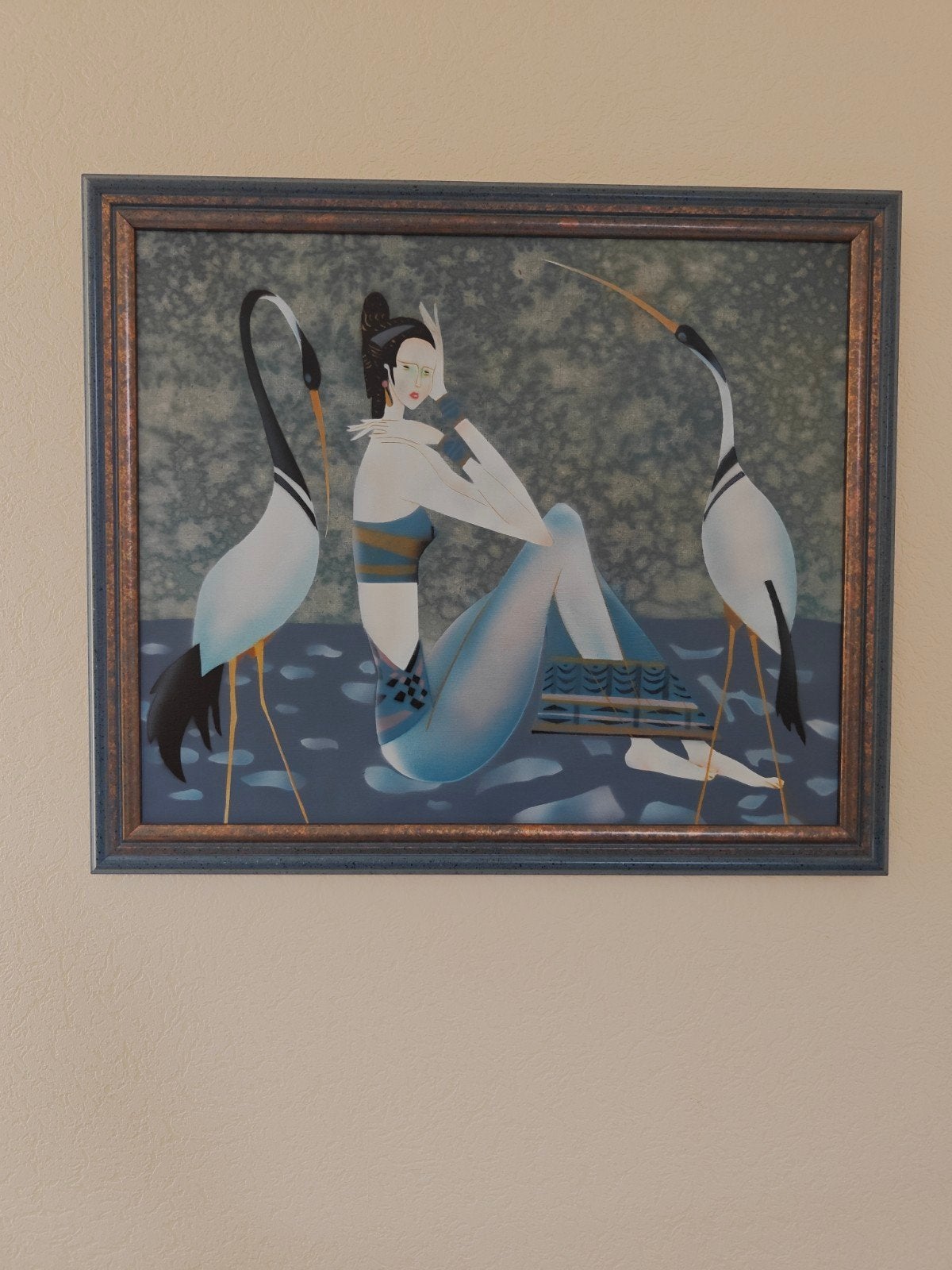 Schilderij Art Deco Stijl Vrouw met Kraanvogels Ingelijst, Antiek en Kunst, Doek, Portret of Personen, Ophalen of Verzenden, Olieverf