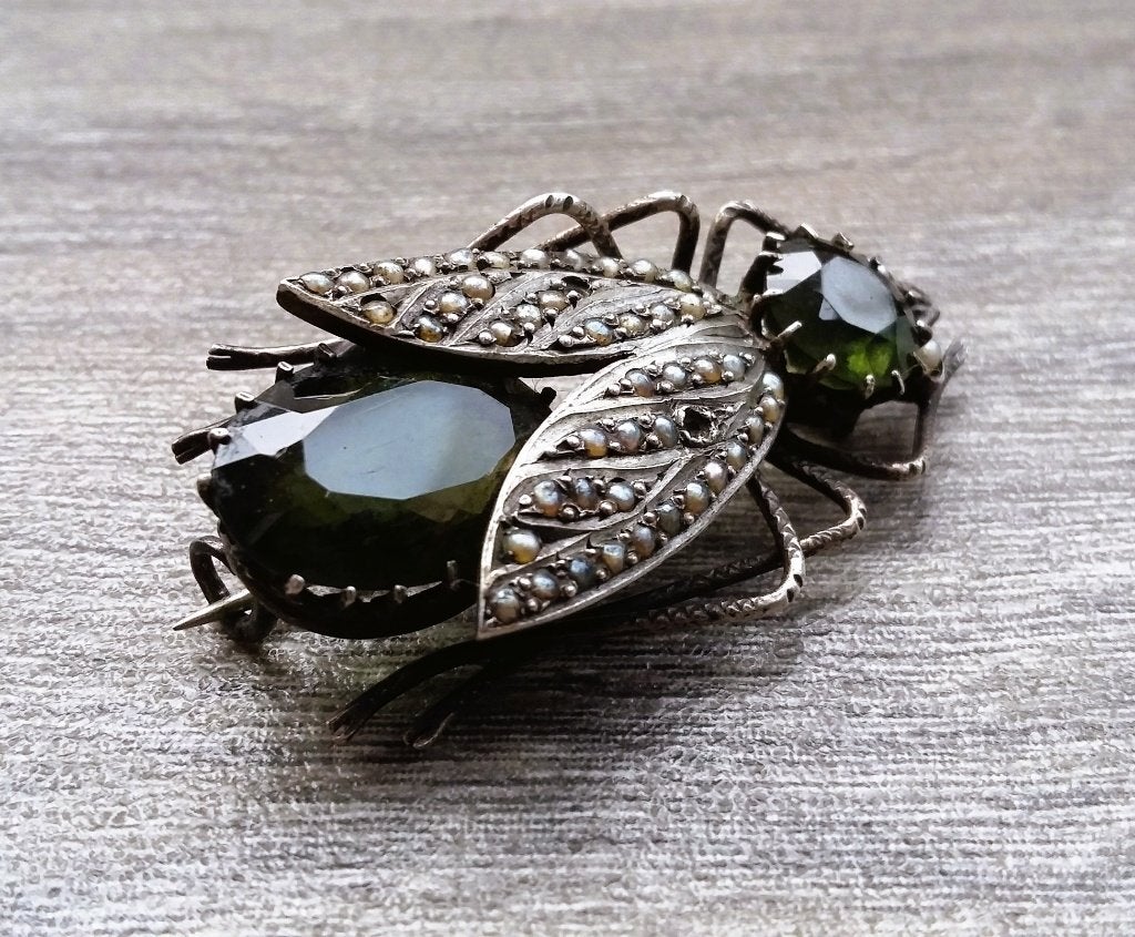 Om 1875-1910 Belle Époque Zilveren Vlieg Insect Broche Speld, Ophalen of Verzenden, Zilver